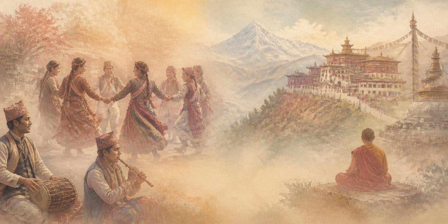 Elders and young people sharing stories in a misty Himalayan valley with a temple and prayer flags